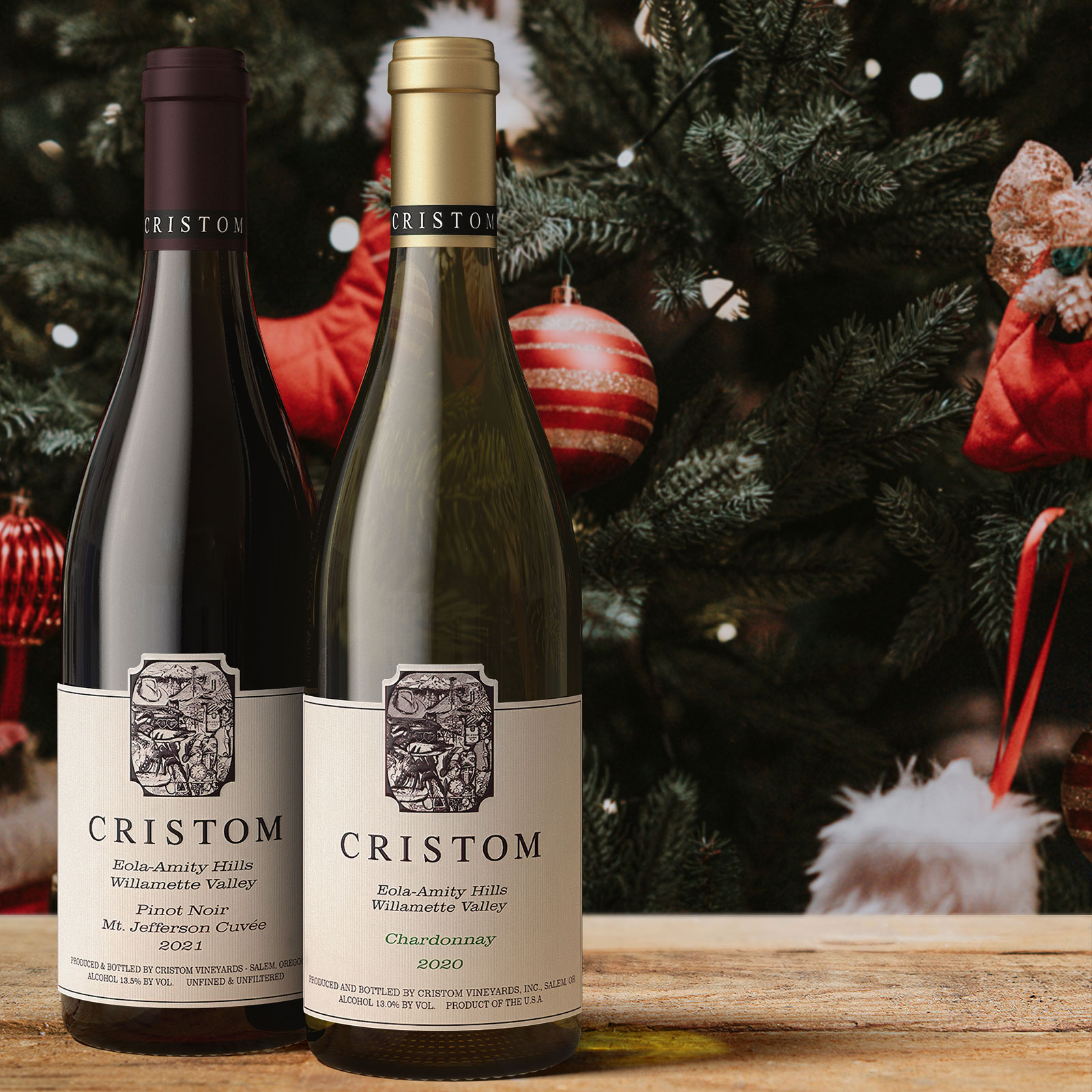 OUTSHINERY-Cristom-2 Two bottles of Cristom wine in front of a Christmas tree