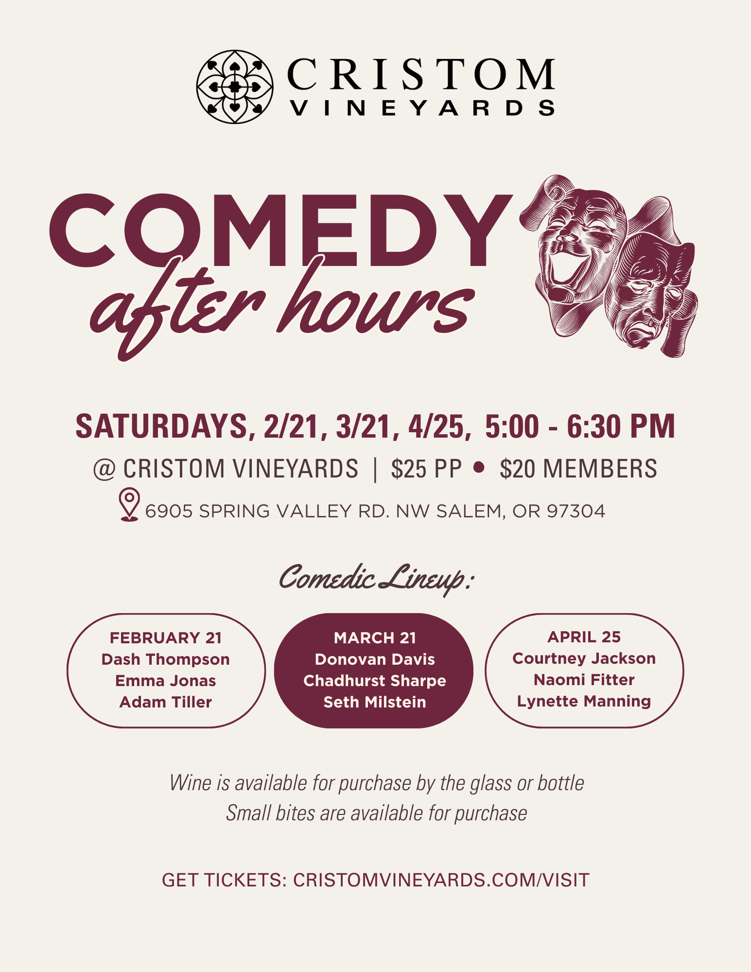 Comedy After Hours Feb-April REV_web Cristom Vineyards Comedy After Hours February-April 2026 Comedic Lineups